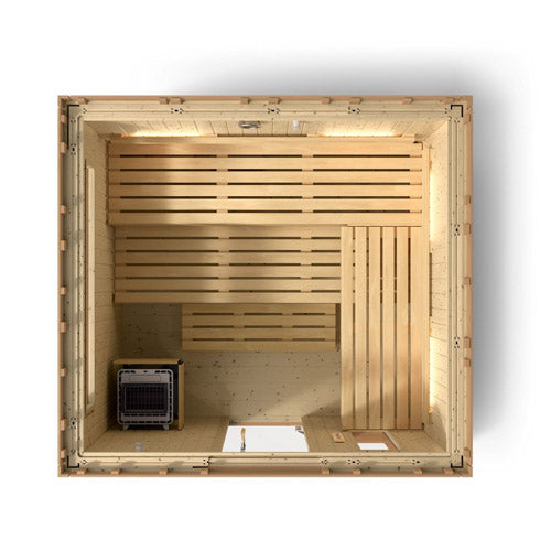 Top-down cutaway of the Kohler C2 Series 6-person outdoor sauna showing L-shaped benches and heater