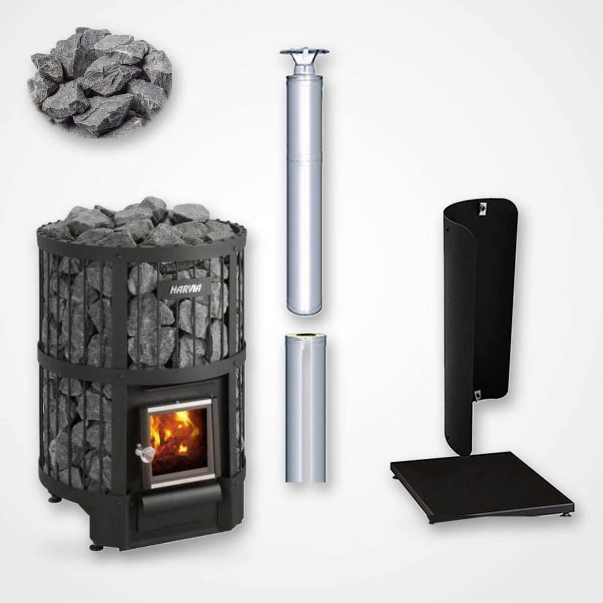 Harvia Legend 150 SL 16kW Wood-Burning Sauna Stove with Exterior Feed package including stainless steel chimney and sauna stones