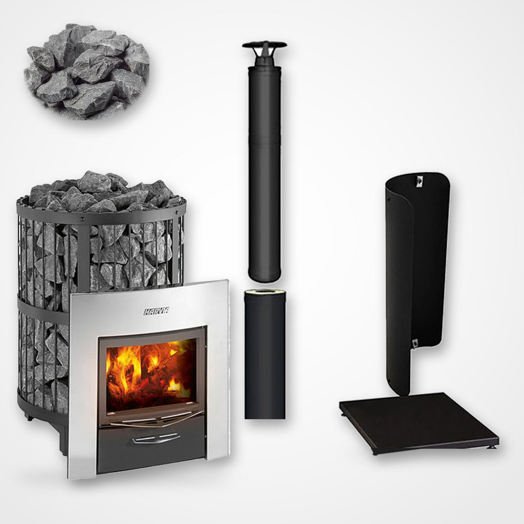 Harvia Legend 240 Duo 21kW Wood-Burning Sauna Stove and Fireplace package with black chimney and sauna stones