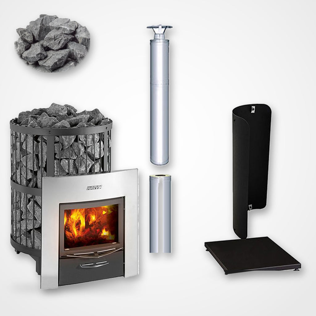 Harvia Legend 240 Duo 21kW Wood-Burning Sauna Stove and Fireplace package with stainless steel chimney and sauna stones