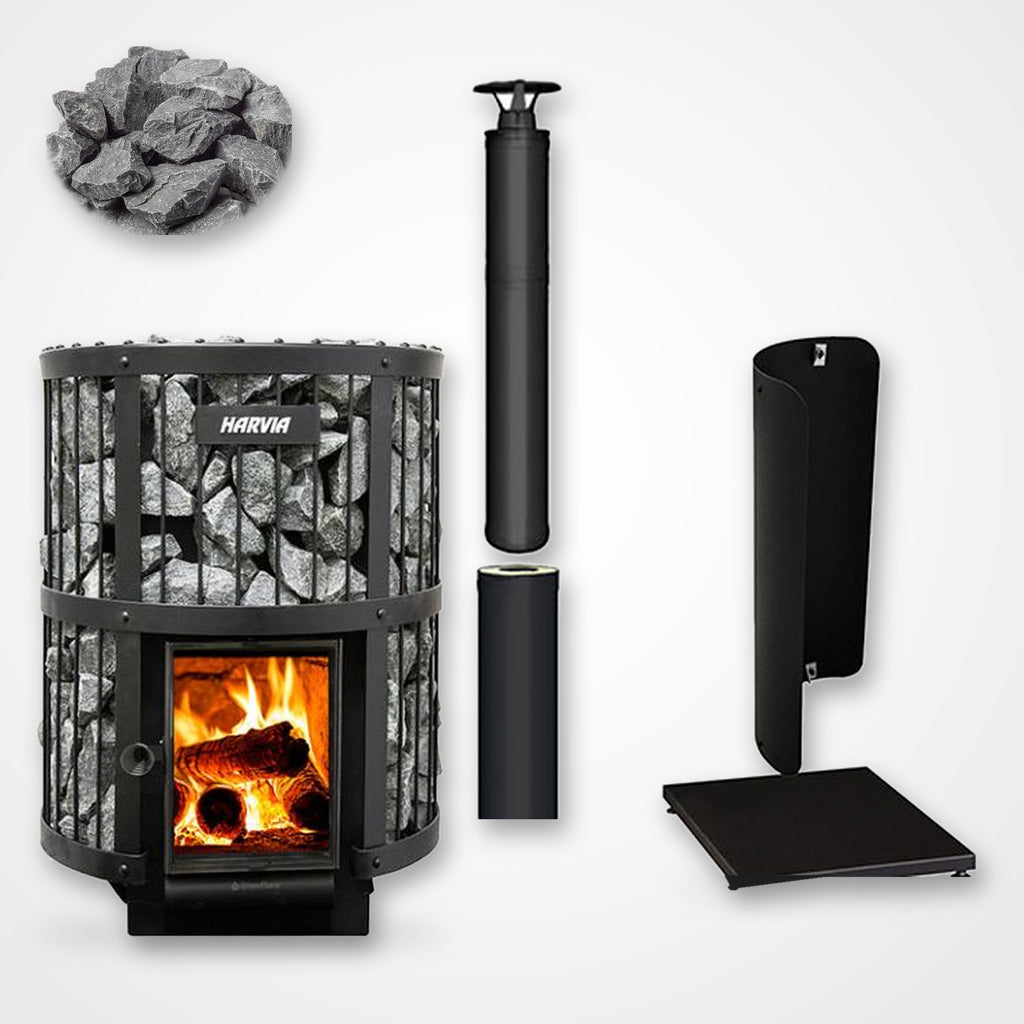Harvia Legend 240 GreenFlame 15.9kW Wood-Burning Sauna Stove package with black chimney and sauna stones