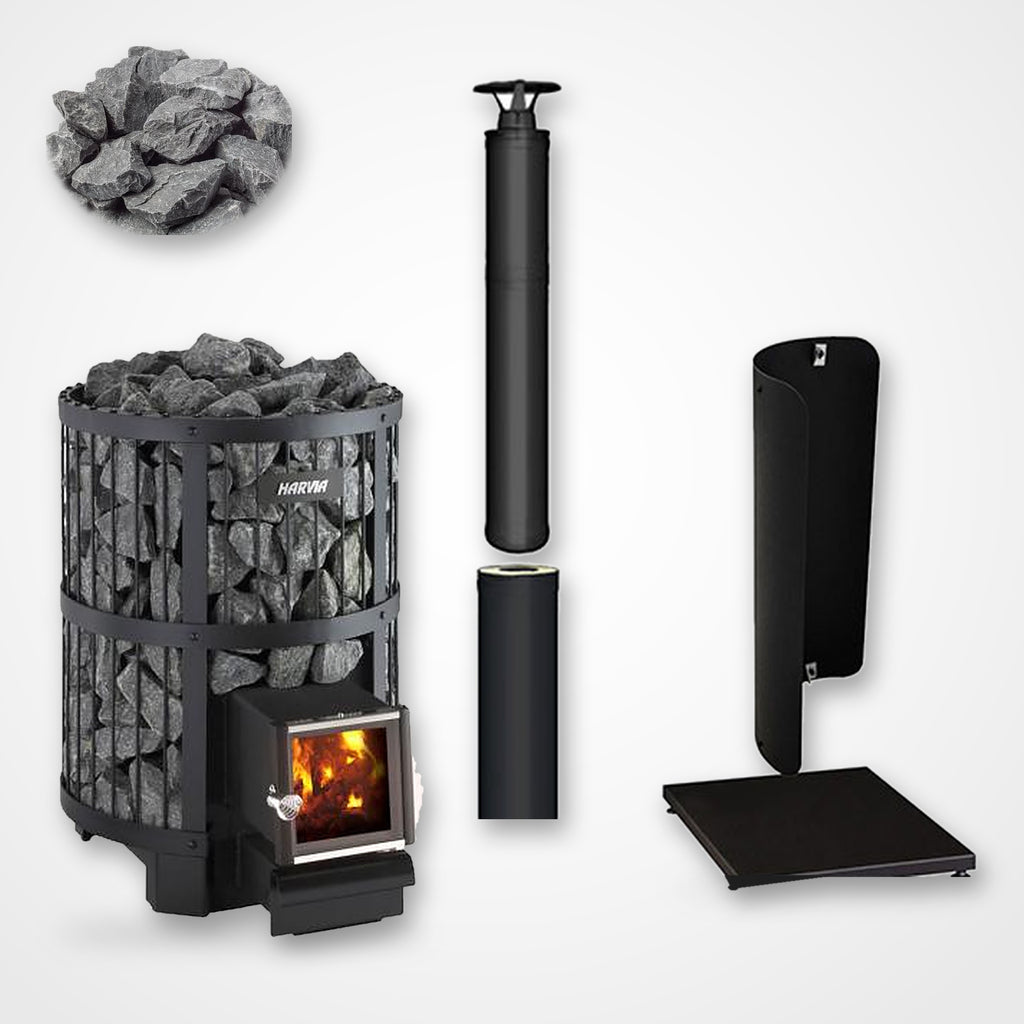 Harvia Legend 240 SL 21kW Wood-Burning Sauna Stove with Exterior Feed package including black chimney and sauna stones