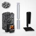 Harvia Legend 240 SL 21kW Wood-Burning Sauna Stove with Exterior Feed package including stainless steel chimney and sauna stones