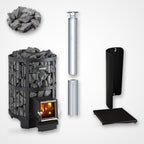 Harvia Legend 240 SL 21kW Wood-Burning Sauna Stove with Exterior Feed package including stainless steel chimney and sauna stones