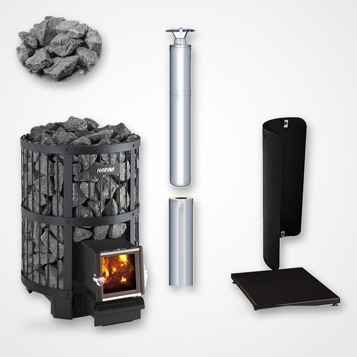 Harvia Legend 240 SL 21kW Wood-Burning Sauna Stove with Exterior Feed package including stainless steel chimney and sauna stones