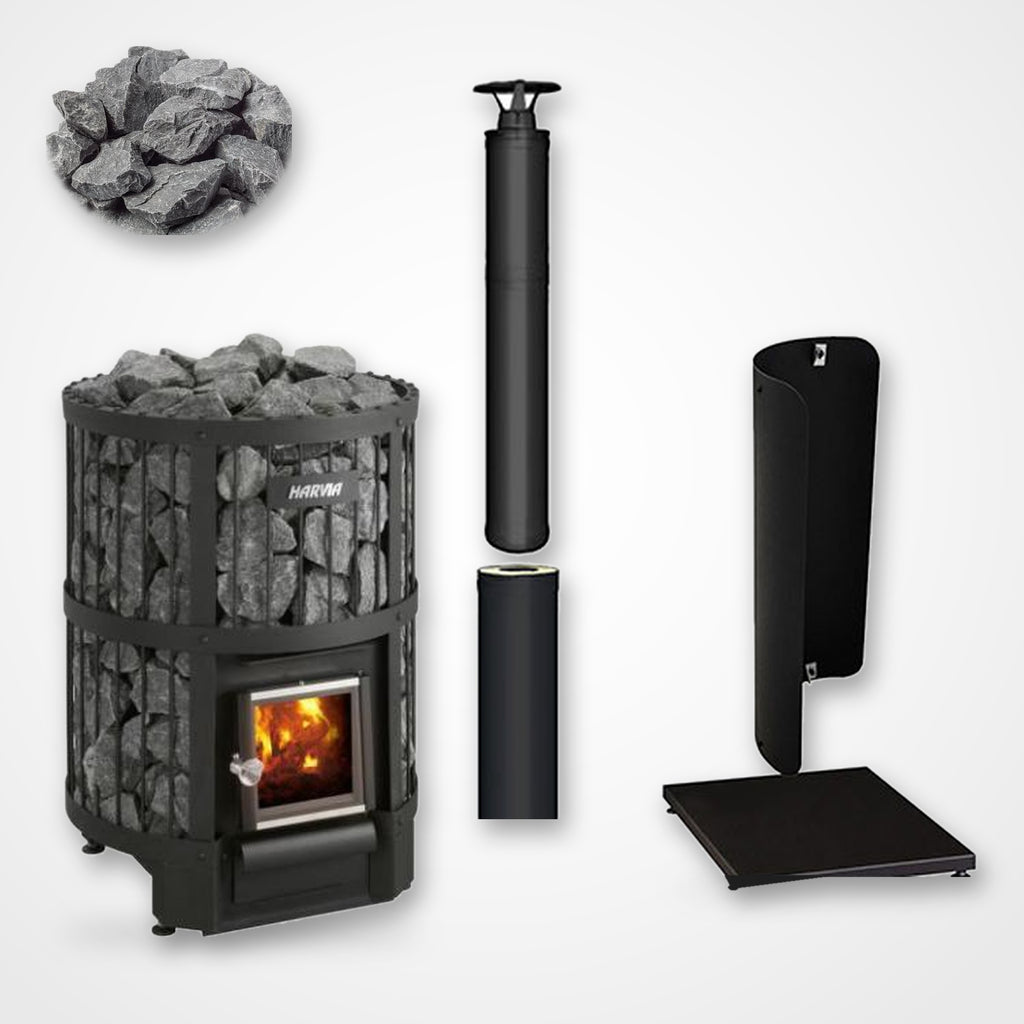 Harvia Legend 300 23.5kW Wood-Burning Sauna Stove package with black chimney and sauna stones