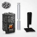 Harvia Legend 300 23.5kW Wood-Burning Sauna Stove package with stainless steel chimney and sauna stones