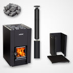 Harvia Linear 16 17.9kW Wood-Burning Sauna Stove package with black chimney and sauna stones