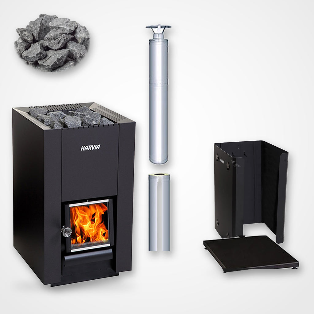 Harvia Linear 18 Compact 14.3kW Wood-Burning Sauna Stove package with stainless steel chimney and sauna stones