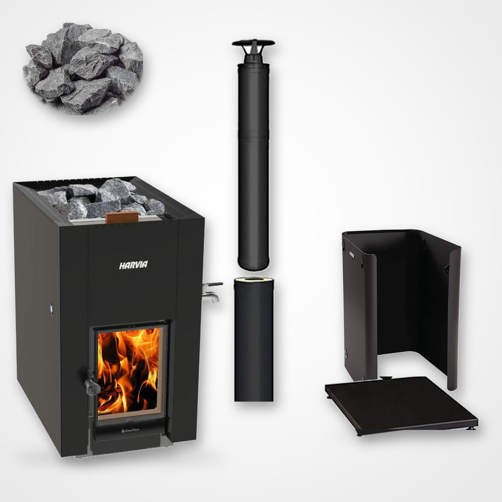 Harvia Linear 22 GreenFlame ES 15.7kW Wood-Burning Sauna Stove with Water Tank package including black chimney and sauna stones