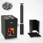 Harvia Linear 22 GreenFlame ES 15.7kW Wood-Burning Sauna Stove with Water Tank package including black chimney and sauna stones