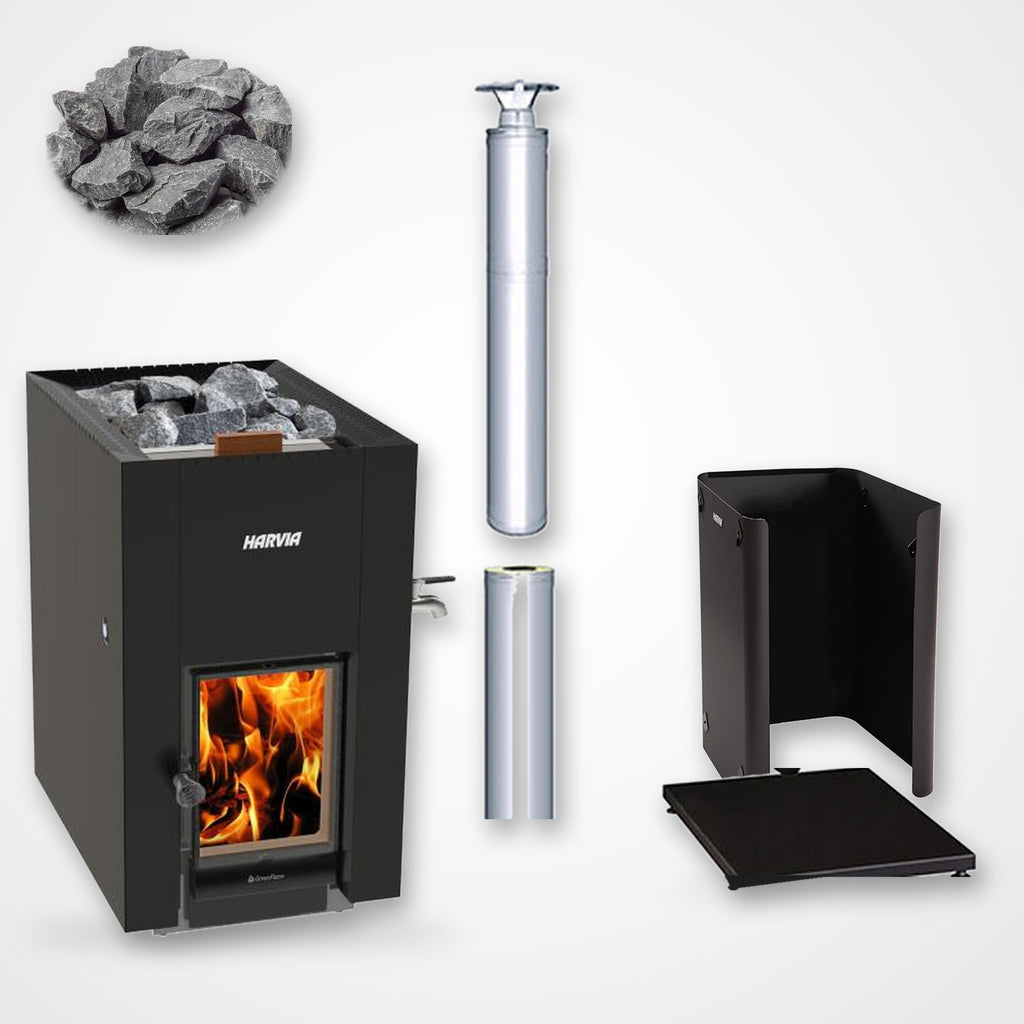 Harvia Linear 22 GreenFlame ES 15.7kW Wood-Burning Sauna Stove with Water Tank package including stainless steel chimney and sauna stones
