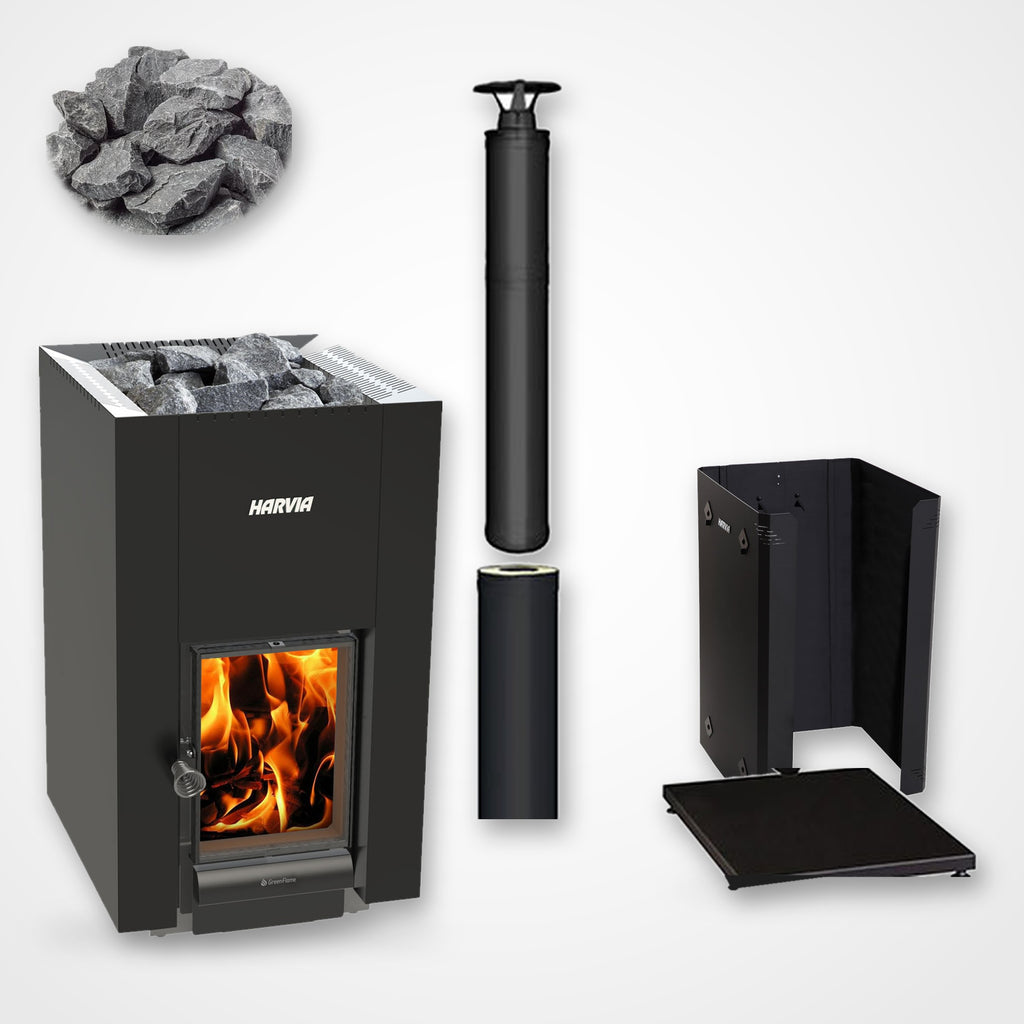 Harvia Linear 22 GreenFlame 15.7kW Wood-Burning Sauna Stove package with black chimney and sauna stones