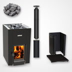 Harvia Linear 22 GreenFlame 15.7kW Wood-Burning Sauna Stove package with black chimney and sauna stones