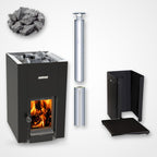 Harvia Linear 22 GreenFlame 15.7kW Wood-Burning Sauna Stove package with stainless steel chimney and sauna stones