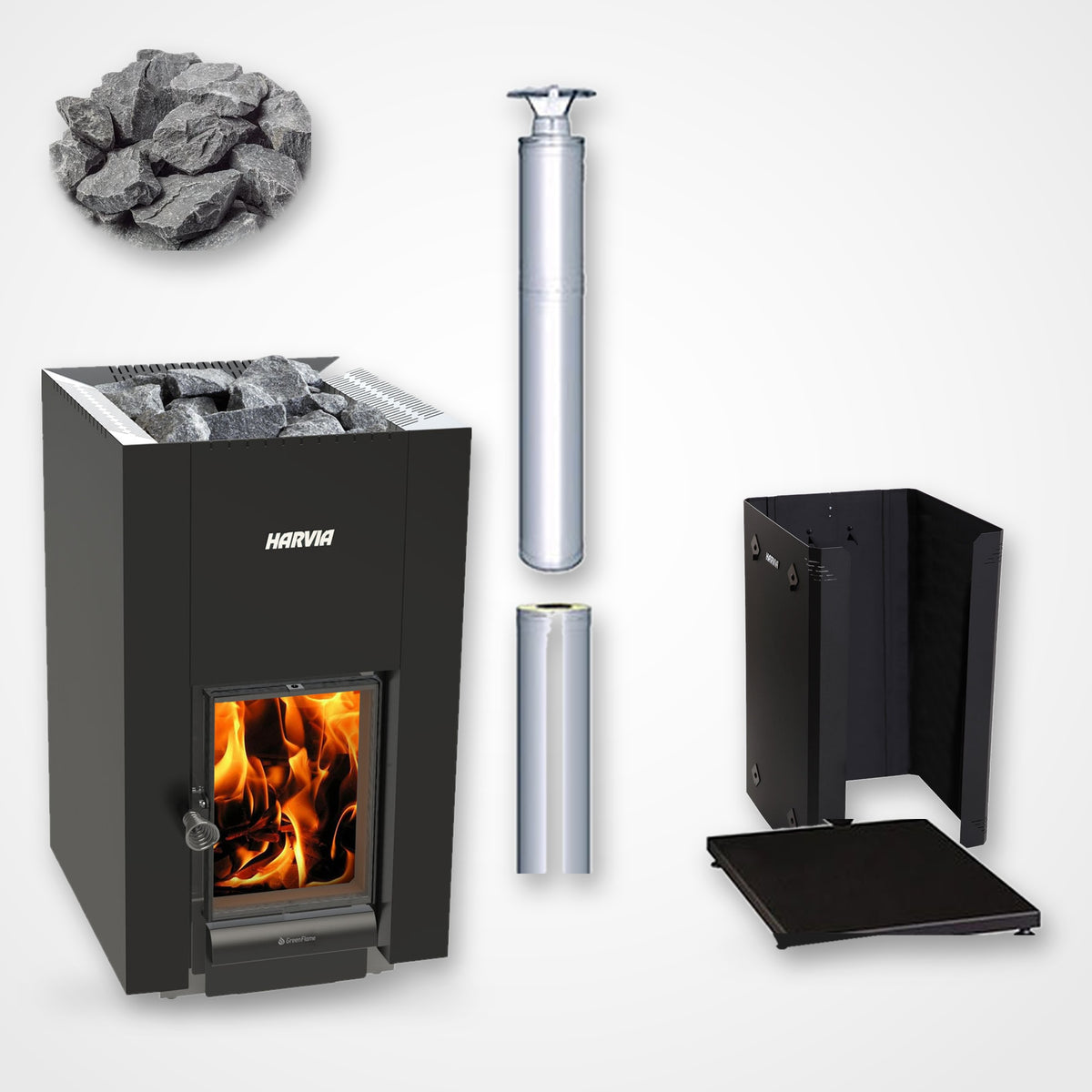 Harvia Linear 22 GreenFlame 15.7kW Wood-Burning Sauna Stove package with stainless steel chimney and sauna stones