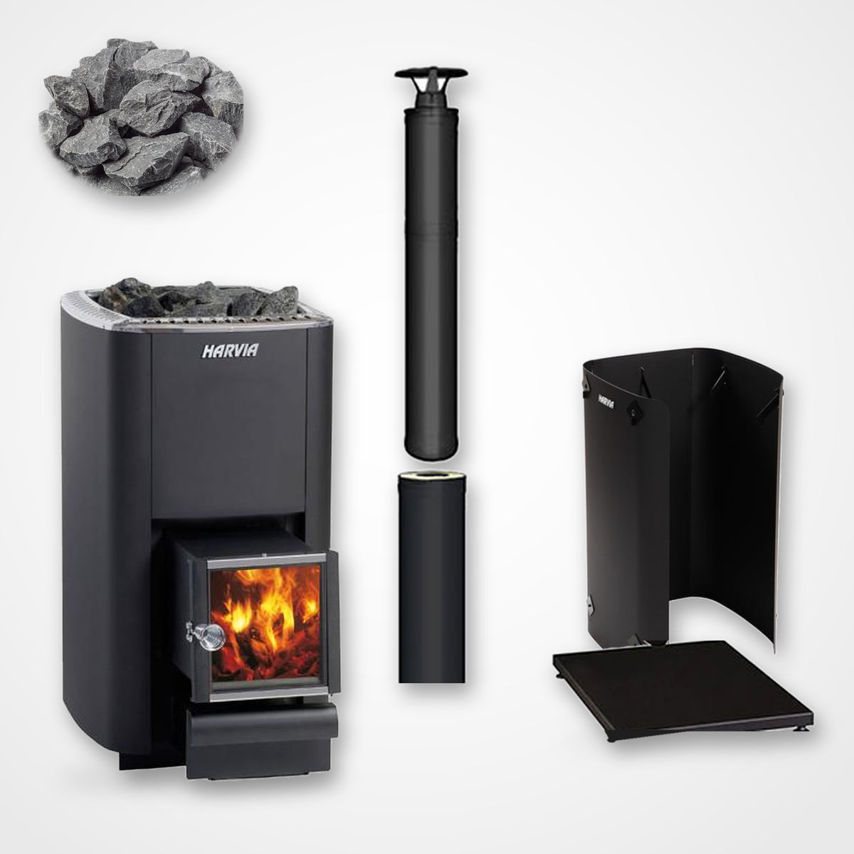Harvia M3 SL 16.5kW Wood-Burning Sauna Stove with Exterior Feed package including black chimney and sauna stones