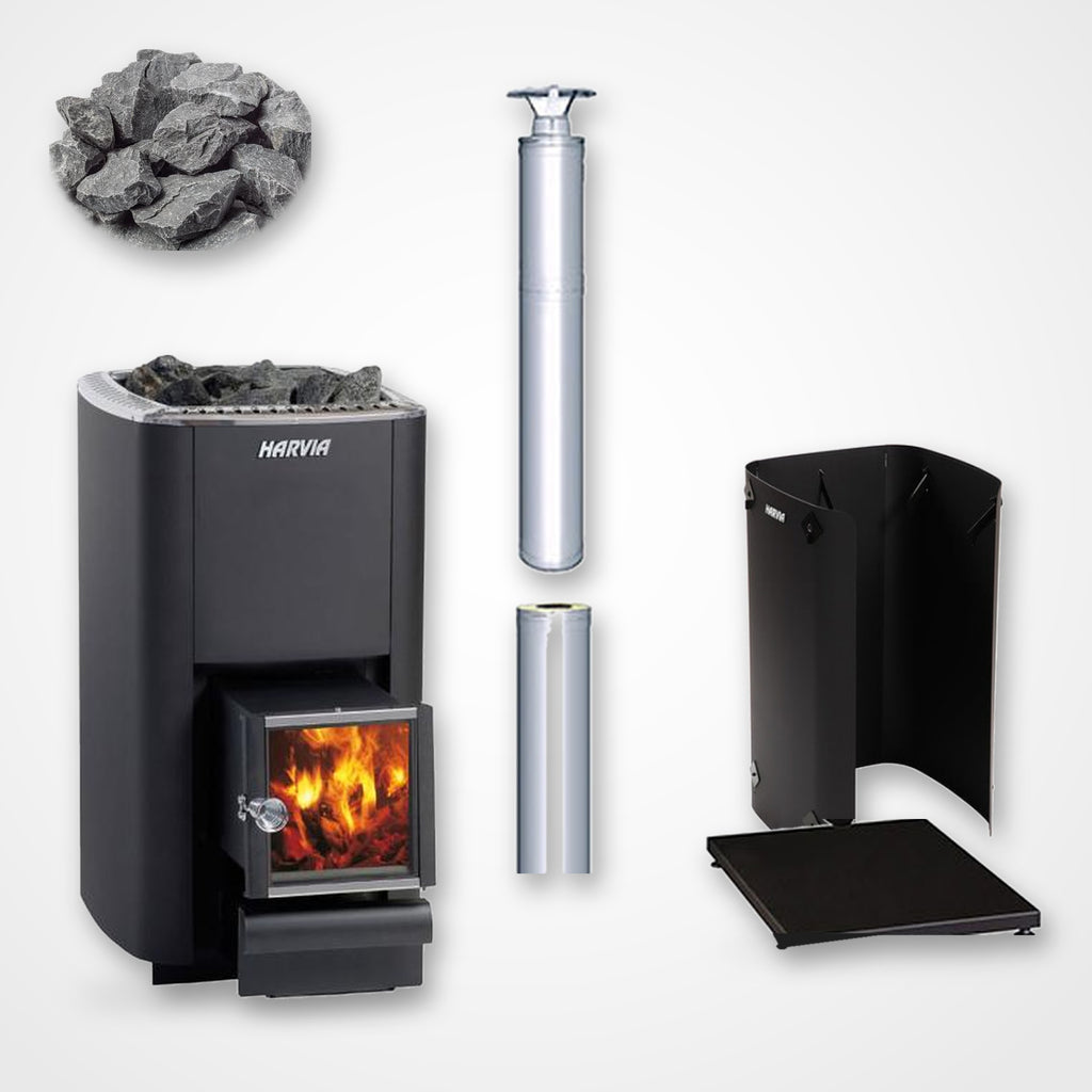 Harvia M3 SL 16.5kW Wood-Burning Sauna Stove with Exterior Feed package including stainless steel chimney and sauna stones