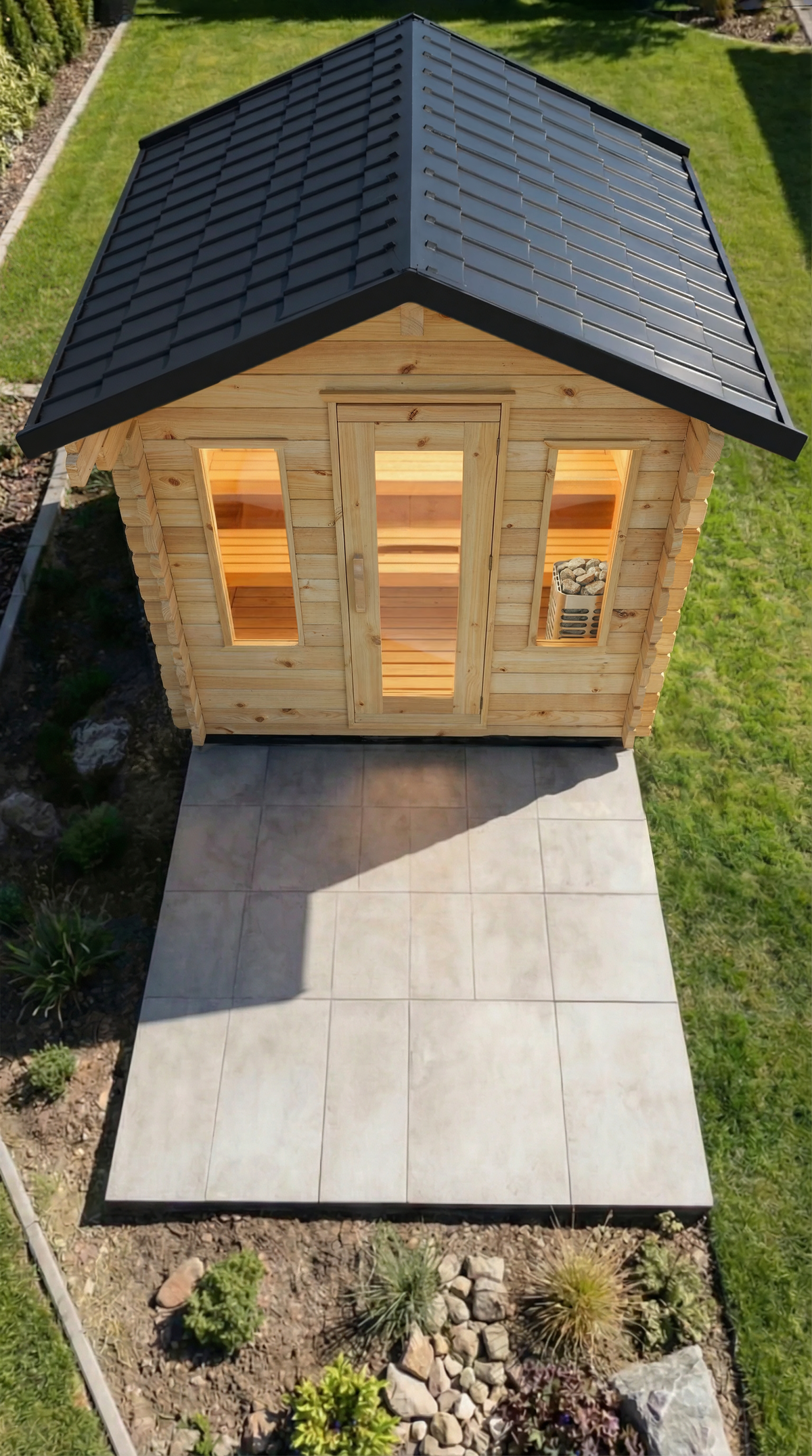 Overhead view of the Dundalk CT Palmer 4-Person Outdoor Cabin Sauna with stone patio