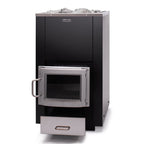 Front view of the Narvi 30 24kW wood burning sauna stove with stainless steel door and ash drawer