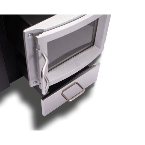 Open door and ash drawer on the Narvi 30 24kW wood burning sauna stove