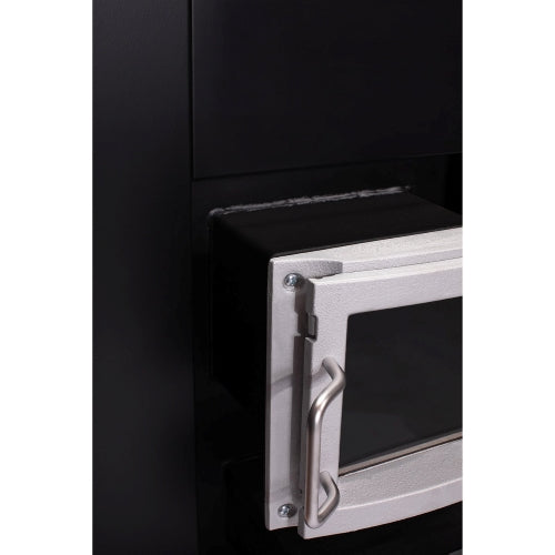 Close-up of the stainless steel door on the side of the Narvi 30 24kW wood burning sauna stove