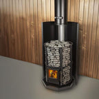 Narvi Inari Plus 16kW wood burning sauna stove with fire burning and a chimney in a wood-panelled sauna