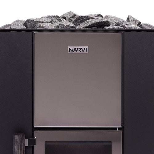 Close-up of the Narvi stainless steel front panel and sauna stones on the Narvi Kuru 14 13kW wood burning sauna stove