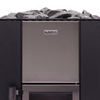 Close-up of the Narvi stainless steel front panel and sauna stones on the Narvi Kuru 14 13kW wood burning sauna stove