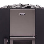 Close-up of the Narvi stainless steel front panel and sauna stones on the Narvi Kuru 20 16kW wood burning sauna stove