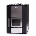 Front view of the Narvi Kuru 14 13kW wood burning sauna stove with stainless steel panel and glass door