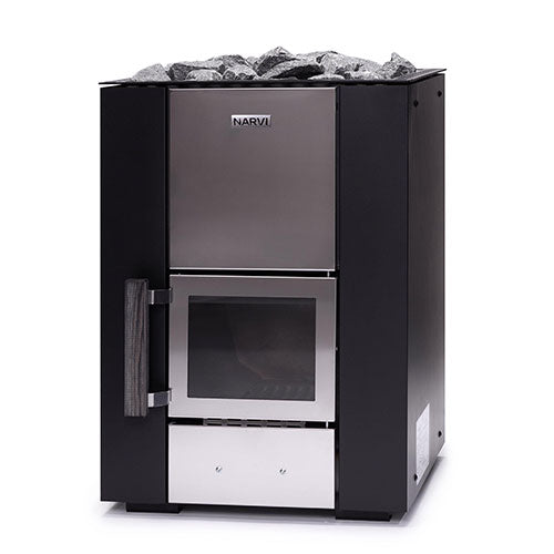 Front view of the Narvi Kuru 14 13kW wood burning sauna stove with stainless steel panel and glass door