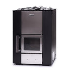 Narvi Kuru 20 16kW wood burning sauna stove with stainless steel door panel and sauna stones on top