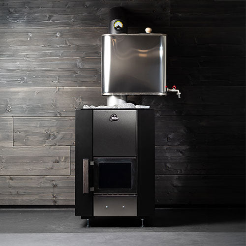 Narvi Kuru 14 13kW wood burning sauna stove installed with a stainless steel water tank above it