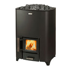 Narvi NC 16 16kW wood fired sauna heater with fire burning behind the glass door