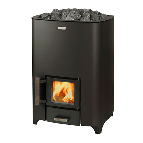 Narvi NC 16 16kW wood fired sauna heater with fire burning behind the glass door