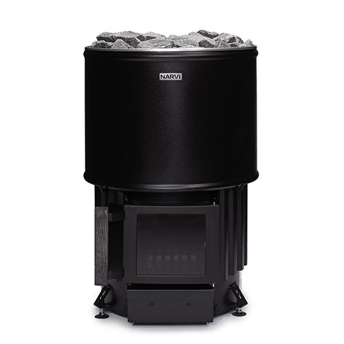 Front view of the Narvi Luosto 16kW black wood burning sauna stove with sauna stones on top