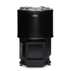 Front view of the Narvi Luosto 16kW black wood burning sauna stove with sauna stones on top