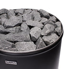 Close-up of the Narvi logo and sauna stones on the Narvi Luosto 16kW wood burning sauna stove