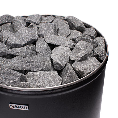 Close-up of the Narvi logo and sauna stones on the Narvi Luosto 16kW wood burning sauna stove