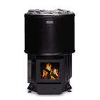 Narvi Luosto 16kW wood burning sauna stove with fire burning behind the glass door