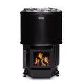 Narvi Luosto 16kW wood burning sauna stove with fire burning behind the glass door