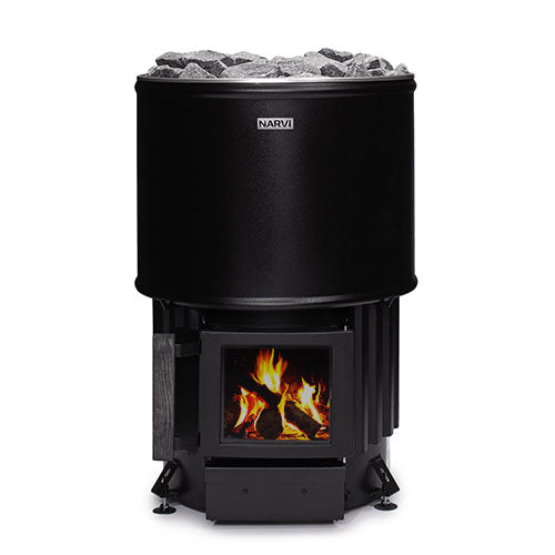Narvi Luosto 16kW wood burning sauna stove with fire burning behind the glass door
