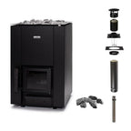 Narvi Kaamos 20 21kW black wood burning sauna stove with glass door, chimney kit and sauna stones