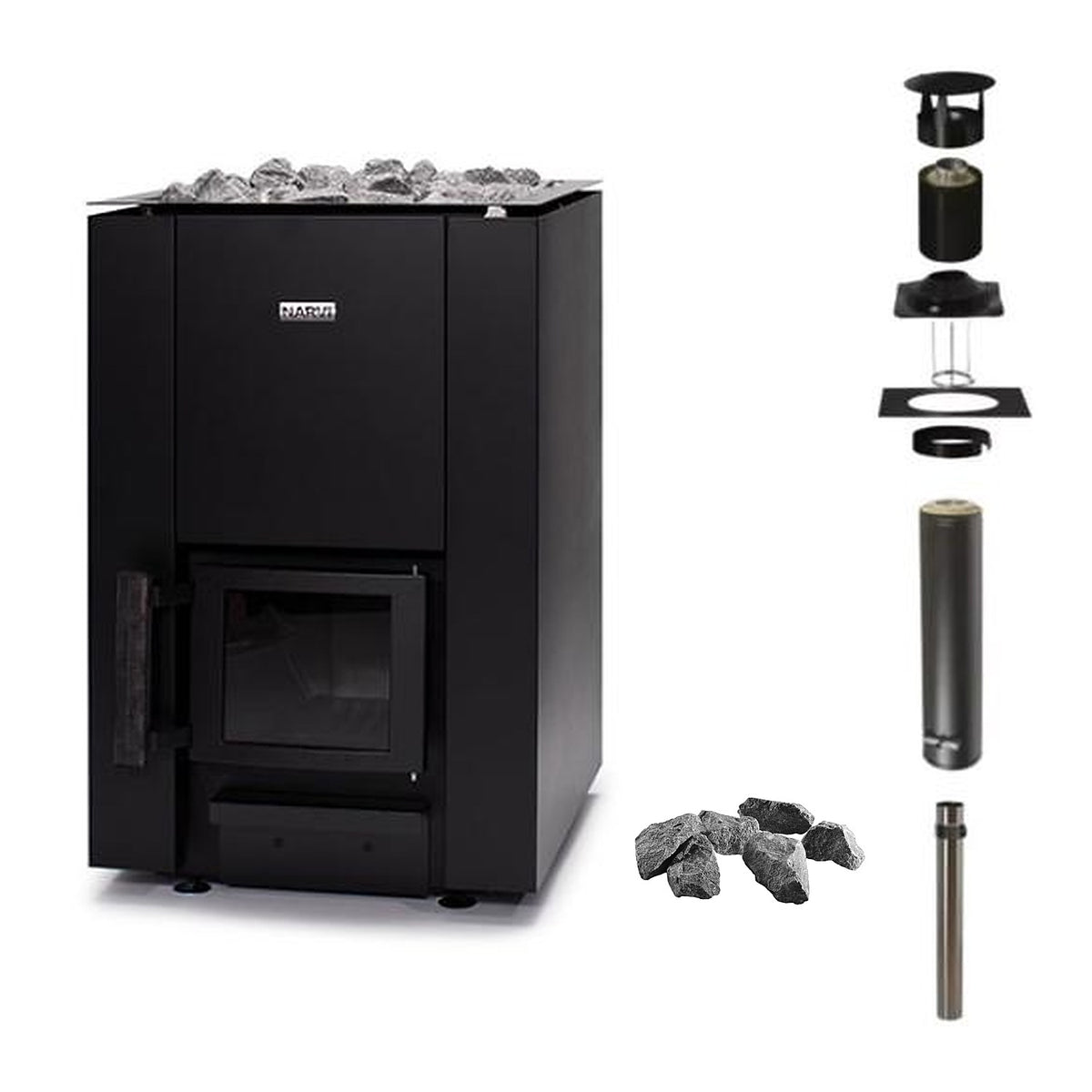 Narvi Kaamos 20 21kW black wood burning sauna stove with glass door, chimney kit and sauna stones
