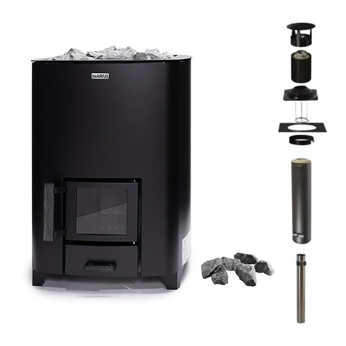 Narvi NC 16 16kW wood fired sauna heater with glass door and ash drawer, chimney kit and sauna stones