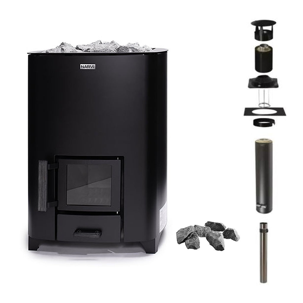 Narvi NC 20 16kW wood fired sauna heater with glass door and ash drawer, chimney kit and sauna stones