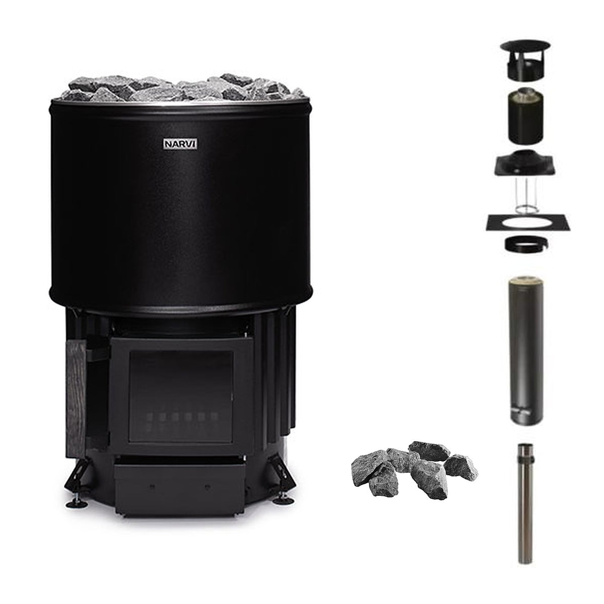 Narvi Luosto 16kW black wood burning sauna stove with chimney kit and sauna stones