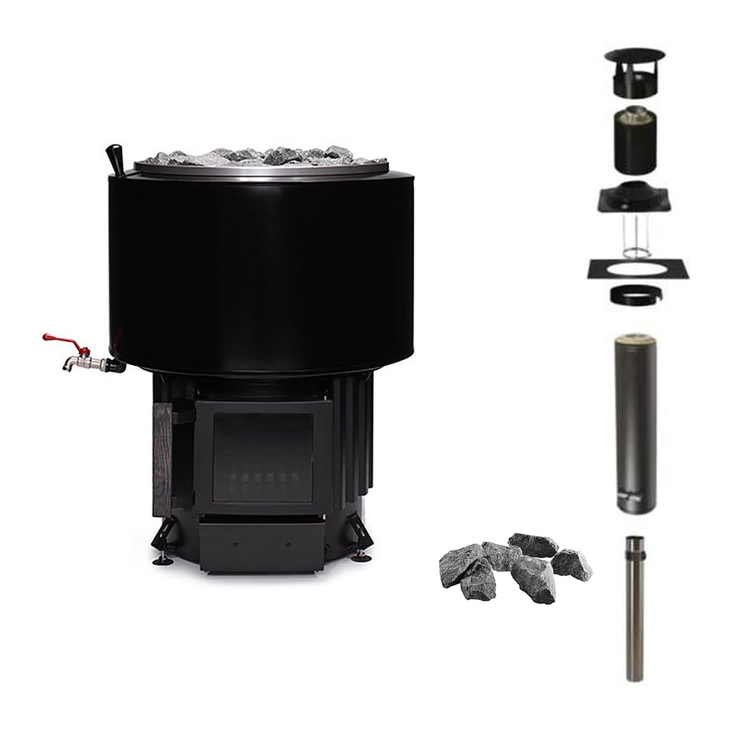 Narvi Luosto VS 16kW wood burning sauna stove with water tank and tap, chimney kit and sauna stones