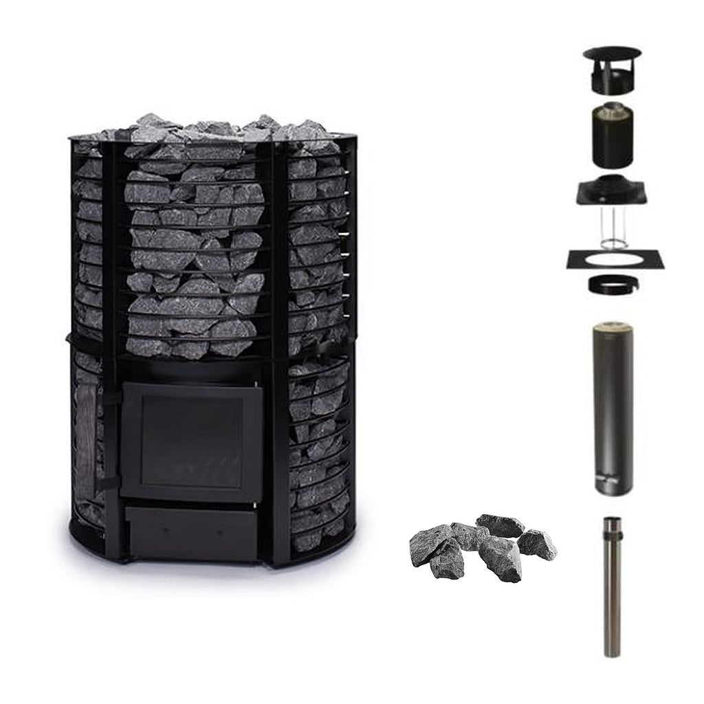 Narvi Inari Plus 16kW wood burning sauna stove with tall stone cage, chimney kit and sauna stones
